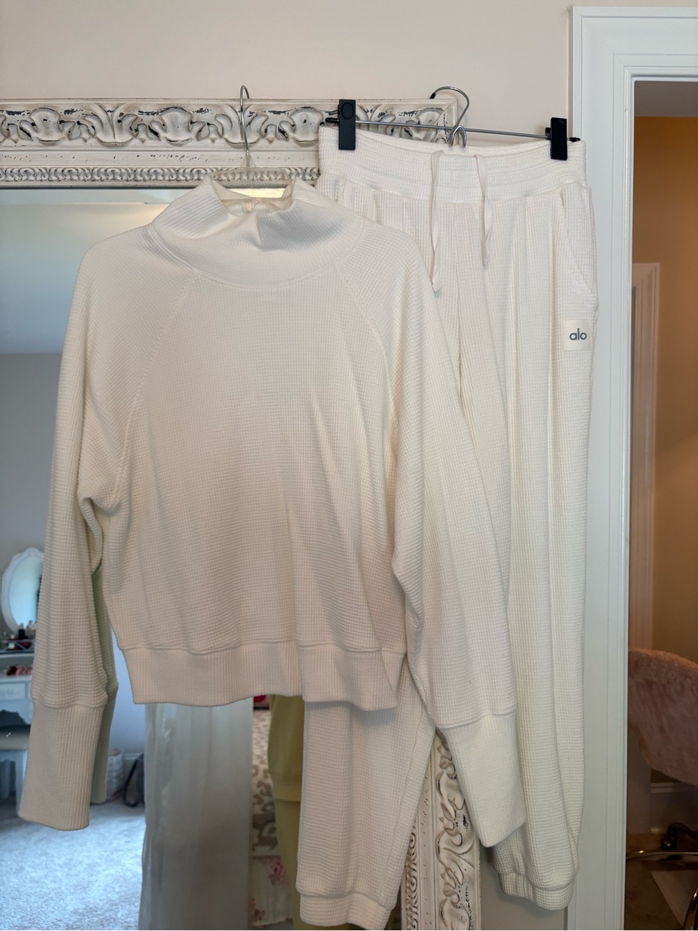 ALO Yoga Cream Waffle Knit Pullover and Joggers